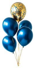 Colorful blue and gold helium balloons isolated on transparent background
