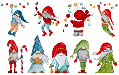 Watercolor Illustration Of Christmas Gnome In Scandinavian Style, A Set Of Gnomes For New Year'S Celebration