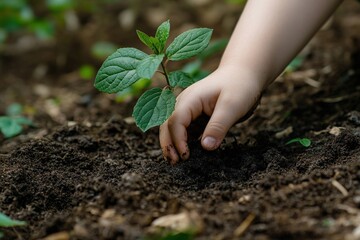 Minimal child&acirc;&euro;&trade;s hand planting a small sapling in the soil, gentle natural light, ample blank space surrounding, No logo, No Trademark, No text