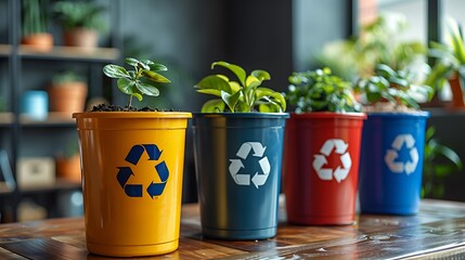 Four colorful recycle bins with plants growing out of them.