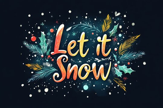 Let it Snow festive holiday design with snowflakes and foliage