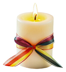 White candle with colorful ribbon tied around it isolated on transparent background
