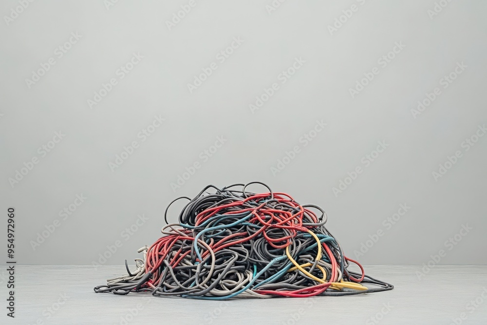 Poster simple pile of old cables neatly coiled on a clean surface, minimalistic scene with ample blank spac