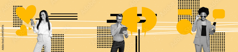 Poster creative abstract template collage panorama of speech bubble communication teamwork working project 