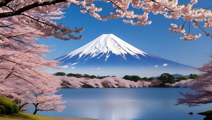 Capture the breathtaking beauty of Japan&rsquo;s iconic Mount Fuji, framed by a spectacular display of cherry blossoms in full bloom.