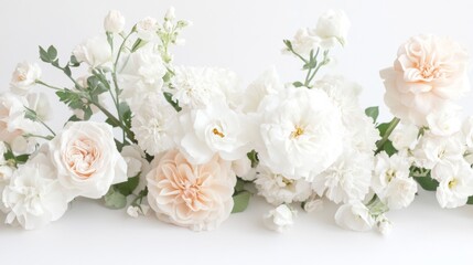 A graceful arrangement of white and pastel-colored flowers, such as roses and carnations, in a simple, elegant composition on a white background.