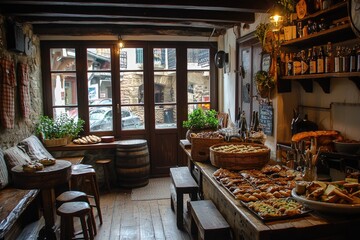 Fototapeta premium A cozy Basque living room with wooden furnishings warm lighting and pintxos