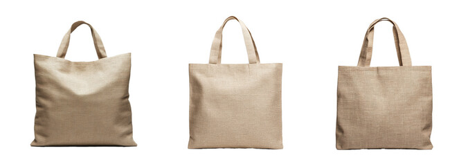 A set of three eco-friendly jute tote bags represents sustainability and plastic reduction, isolated on a transparent background