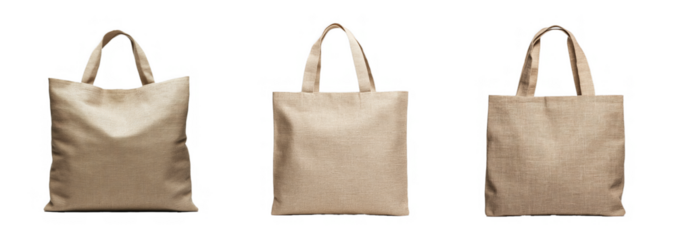 A set of three eco-friendly jute tote bags represents sustainability and plastic reduction, isolated on a transparent background