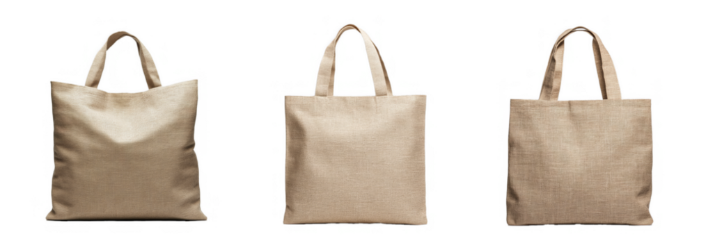 A set of three eco-friendly jute tote bags represents sustainability and plastic reduction, isolated on a transparent background