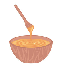 A flat vector illustration of honey in a wooden bowl Simple depiction with emphasis on the flowing texture of the honey and the rustic look of the bowl perfect for kitchen or food themed designs