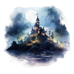 Fototapeta premium A Mysterious Castle Perched on a Clifftop Island under a Full Moon