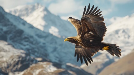 Fototapeta premium Majestic eagle soaring with visible air currents in a mountain range, freedom, natural flight.