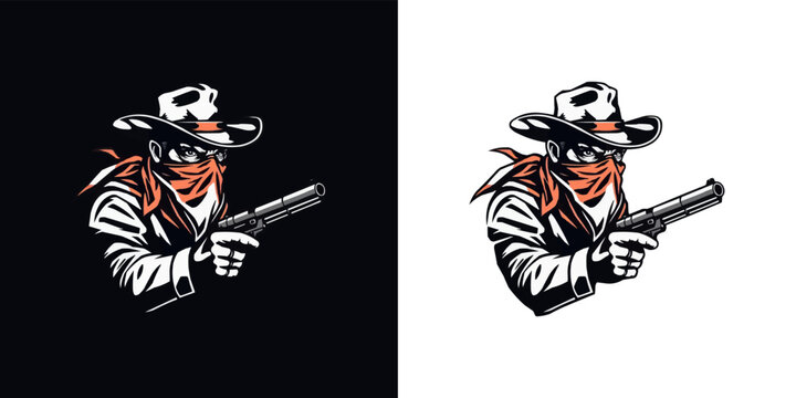Cowboy with gun mascot logo. Cool bandit cowboy logo design, Western Gunslinger Bandit Wild West Cowboy Gangster with Bandana Scarf Mask