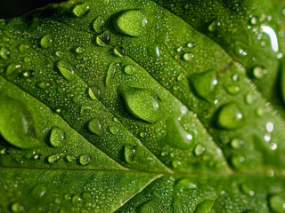 Macro image of water droplets on  green leaves, close-up of rainy season drops rainwater on the...
