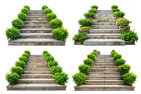 Set of stone steps with green plants png