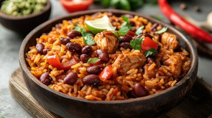 Chicken, Rice, and Beans Dish in a Wooden Bowl