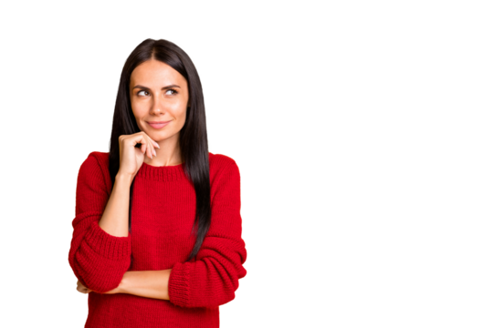 Portrait of minded girl think look at copyspace wear red jumper isolated over yellow background