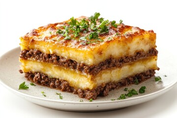 A Slice of Ground Beef and Mashed Potato Casserole with Parsley Garnish