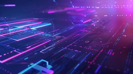 Fototapeta premium Abstract futuristic background with glowing gradient lines and particles in blue, pink and purple hues