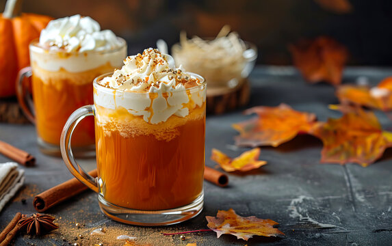 A glass of autumn pumpkin latte with whipped cream and spices. Coffee with pumpkin and cinnamon on a dark background