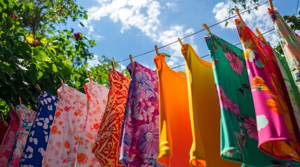 of swimsuits hanging on a clothesline: Colorful swimsuits, including pink, yellow, and floral designs, hang on a clothesline outside under a blue sky. The vibrant colors and casual setting give the im