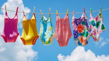 of swimsuits hanging on a clothesline: Colorful swimsuits, including pink, yellow, and floral designs, hang on a clothesline outside under a blue sky. The vibrant colors and casual setting give the im
