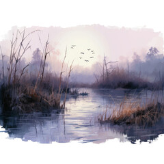 Fototapeta premium Misty Morning Landscape with Birds Flying Over a River