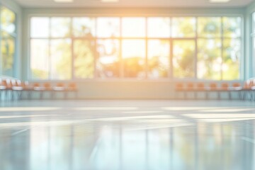 Beautiful blurred background of bright classroom and study room with panoramic windows and beautiful lighting. Blurred Empty school background , ai