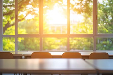 Beautiful blurred background of bright classroom and study room with panoramic windows and beautiful lighting. Blurred Empty school background, ai