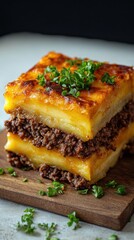 Layered Potato and Ground Beef Casserole with Parsley Garnish