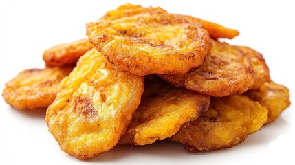 Fried Plantain Slices Stacked on a White Background