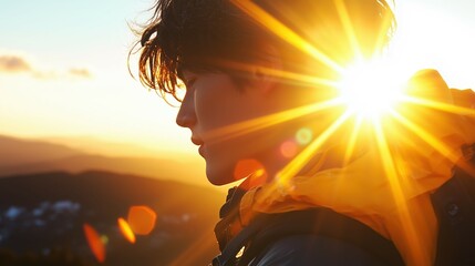 夕日を背に山の頂上に佇む若い日本人男性