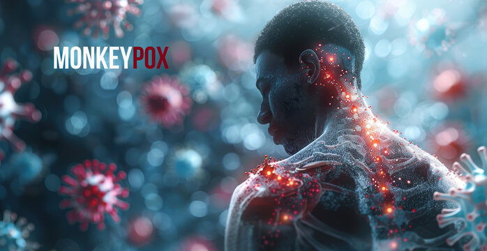 Close-up of a man's back with virus particles spreading digitally through his body, highlighting viral infection and health crisis.