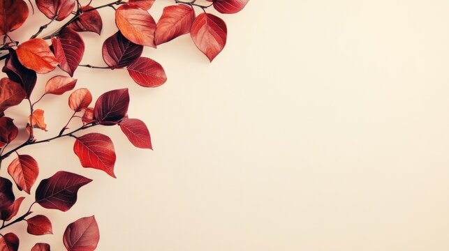  close-up of autumnal red and orange leaves arranged diagonally on a light beige background. The vibrant fall colors contrast with the simple background, creating a minimalistic and elegant compositio