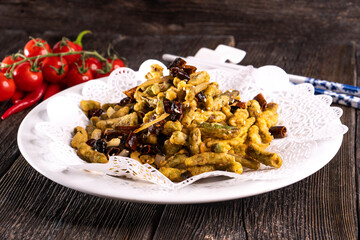 fried green asparagus on wood table.Chinese food. food concept.