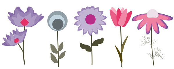 Five flowers in cool colors on a white background. Vector illustration for design of postcard, banner. fabric, wallpaper in minimalistic style