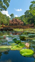A serene featuring a vibrant lotus flower in full bloom, set against the backdrop of a traditional temple.
