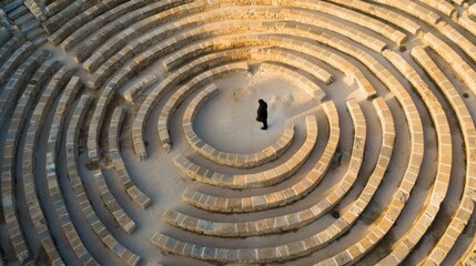 A lone figure stands in the center of a circular stone labyrinth