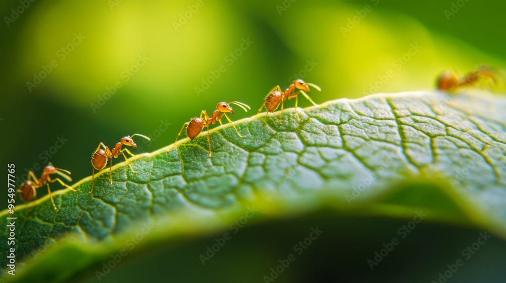 Poster a leaf with several small ants marching in a line, with a clear focus on their tiny bodies and the v
