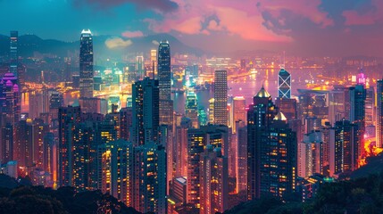 Obraz premium An evening cityscape with towering skyscrapers and bustling streets bathed in vibrant lights