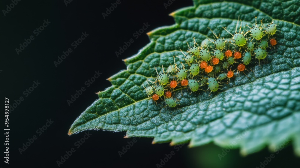 Poster a leaf with small, colorful insects like aphids or beetles clustered on it, highlighting their tiny 