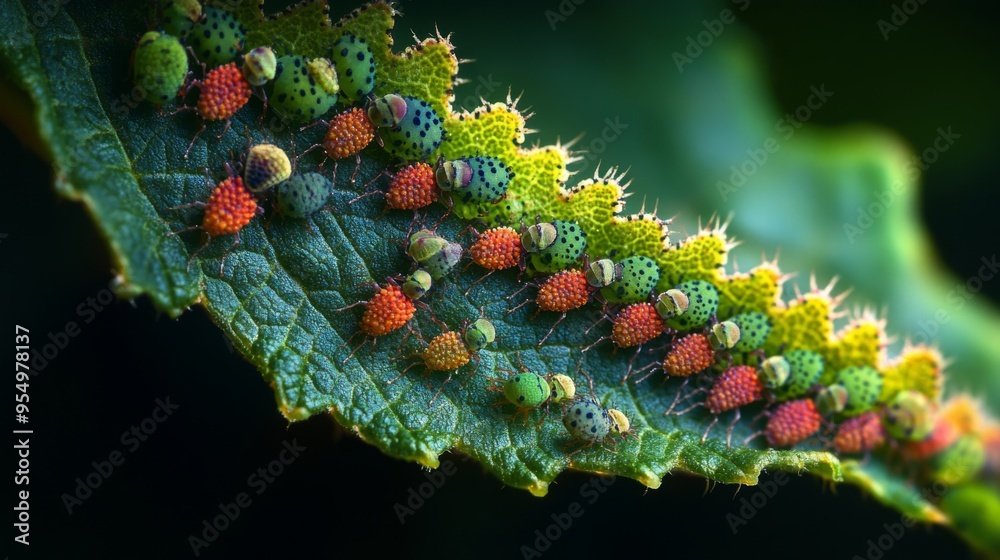 Poster A leaf with small, colorful insects like aphids or beetles clustered on it, highlighting their tiny size and the texture of the leaf they are on.