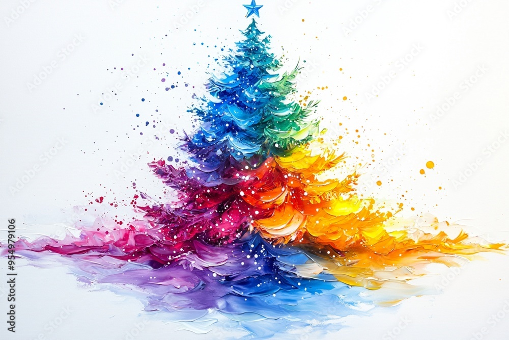 Wall mural christmas tree painted with mutlicolored bright colors on white background, new year, holiday, postc