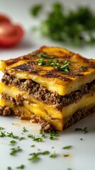 Close-up of a Slice of Baked Potato and Ground Beef Casserole