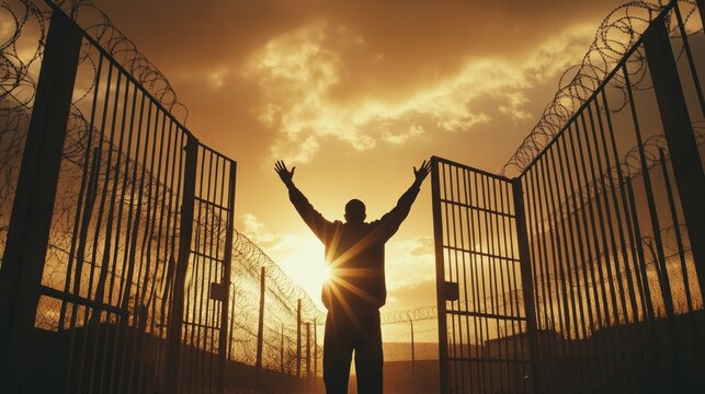 Photograph of a single person standing at the open prison gates with arms raised towards the rising sun, strong contrast between the person&rsquo;s silhouette and the bright sky, symbolizing freedom and new