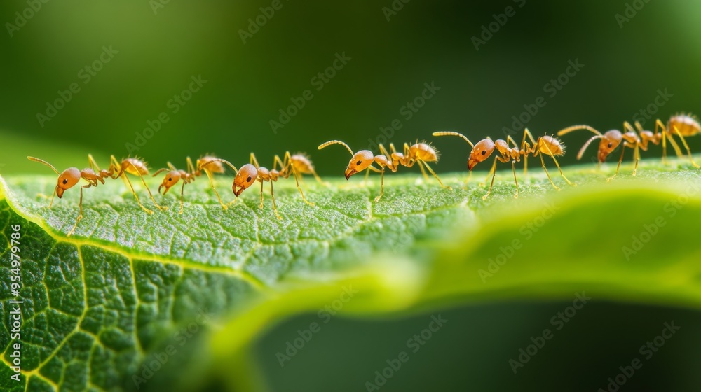 Poster A leaf with several small ants marching in a line, with a clear focus on their tiny bodies and the veins of the leaf beneath them.