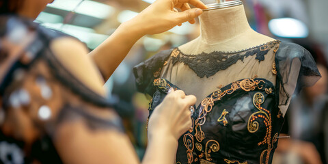 Seamstress fitting a garment on a dress form, adjusting the fabric and pinning it in place.