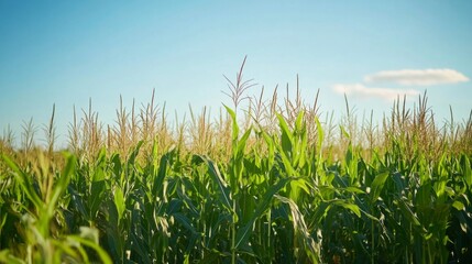 A lush cornfield under a clear blue sky, with tall green stalks swaying in the breeze, representing agricultural abundance and growth.