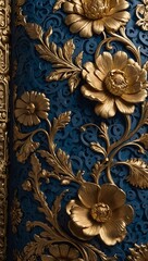 Ornate floral design with intricate patterns in gold and blue textures.